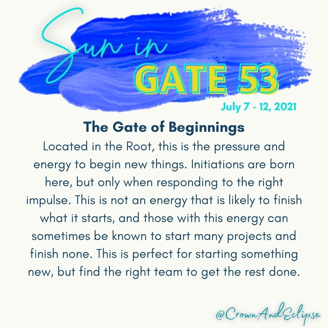CrownAndEclipse's tweet photo. When the Sun passes through a gate, we all feel and benefit from the energy located there. Do you have Gate 53 in your chart already? You know a lot about this vibe, the rest of us get a taste for it during this period. https://t.co/g0LfRGX2iF