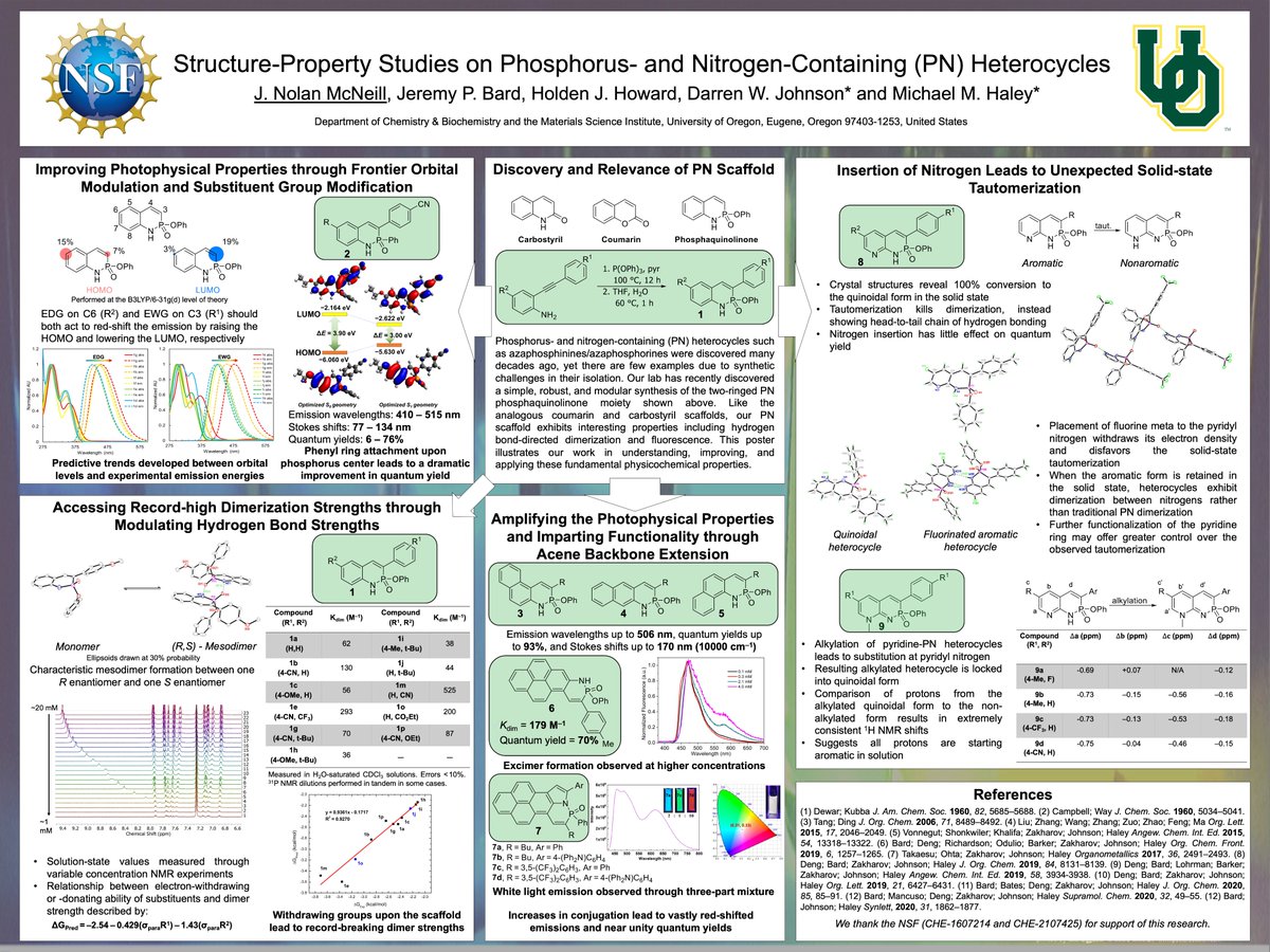 nolanmcneillUO's tweet photo. Sharing the latest work on done on the PN Heterocycles which are researched in the @UOHaleyLab and @dwjlab  at the University of Oregon! Huge shout out to @JeremyBard4 for laying down a ton of the groundwork you'll see here. #ISMSCPoster #poster60 https://t.co/42Ek21Xmkk
