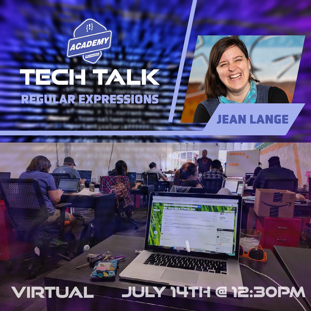 academypgh's tweet photo. 🚨 Wednesday, July 14, 2021 at 12:30 PM 🚨
Don’t miss the next topic in our #TechTalk series! 💥#AcademyPGH instructor Jean will be teaching the basics of #RegularExpressions 💻
⭐ Register for the event: https://t.co/Vkm4ibn6ab
✔️ Apply to #APGH: https://t.co/mECssn3jDB https://t.co/cGG6zf47xj