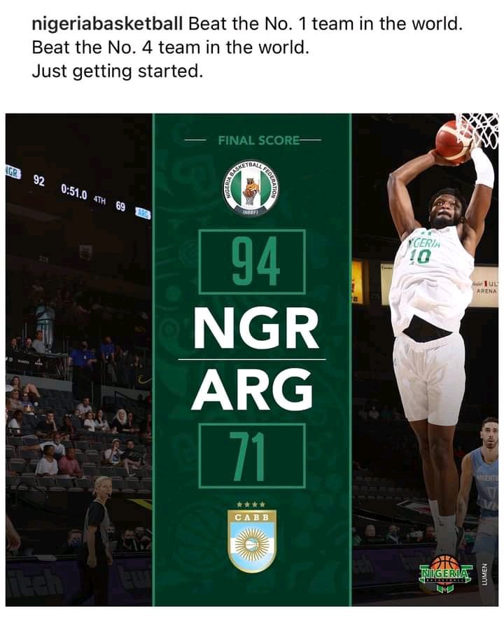 StarstrendBlog's tweet photo. Nigerian  they beat the USA ranked No. 1 in the world (90 - 87), now they have beating Argentina, ranked No. 4 in the world (94 - 71)

Put some respect on D’Tigers! 💪💪✊✊
.@USATODAY
@NigeriaBasket 
@CNN 
@Pepsi_Naija https://t.co/wBwyKUch5S