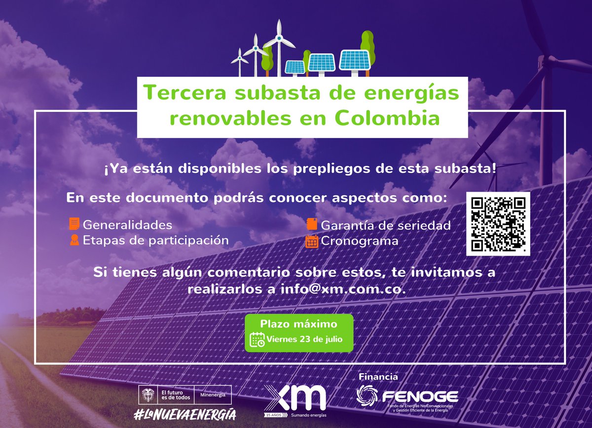 XM_SA_ESP's tweet photo. Noticia llena de energía ⚡
Ya están disponibles para consulta los prepliegos de la Tercera subasta de energías renovables en Colombia. 
💻https://t.co/6uyUVVPZLW ⚡💦🌎

Juntos sigamos #SumandoEnergías por la transición energética. https://t.co/ZDUE6VlMHW