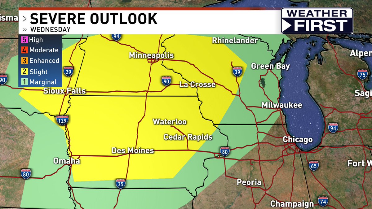 Quiet tomorrow, but thunderstorm potential increases Wednesday in Iowa. A Level 2 Slight Risk for severe weather extends west into South Dakota and north into Minnesota and Wisconsin. Multiple rounds of storms are possible. Keep an eye on the forecast over the next 48 hours #iawx https://t.co/CLRUAabtRs