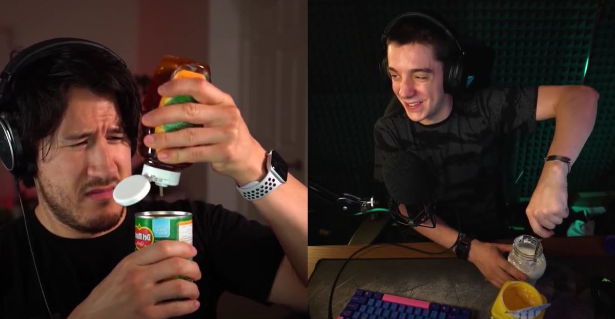 UAversaries's tweet photo. Uh Happy 1 year birthday (2 months ago) to "We Attempted to Create THICC Water"! The start of Mark's one-sided relationship w a CERTAIN brand, because somehow corn=cornstarch=thiccc? So they were trying to make oobleck, Ethan kind of did it &amp; Mark ate corn #UnusAnnus #MementoMori https://t.co/ttDhJbOk8P