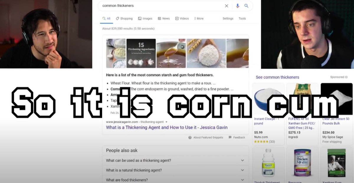 UAversaries's tweet photo. Uh Happy 1 year birthday (2 months ago) to "We Attempted to Create THICC Water"! The start of Mark's one-sided relationship w a CERTAIN brand, because somehow corn=cornstarch=thiccc? So they were trying to make oobleck, Ethan kind of did it &amp; Mark ate corn #UnusAnnus #MementoMori https://t.co/ttDhJbOk8P