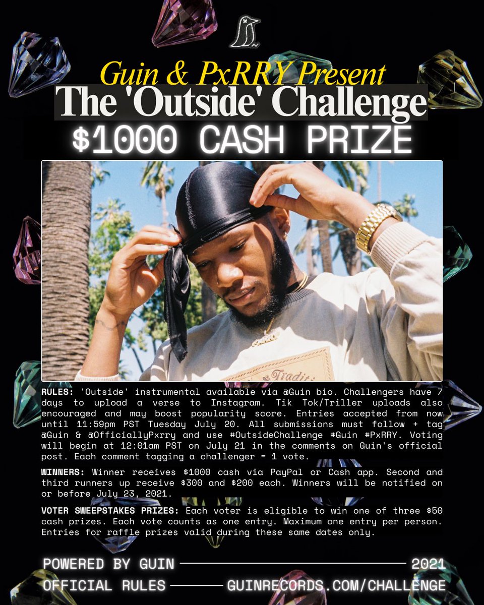 TatianaSnead's tweet photo. We got a π° for some rappers (or singers if you got it π). @GuinRecords is giving away $1500 in cash prizes to the top 3 MCs to put up their own verses on the #OutsideChallenge with @officiallypxrry. Tap in!
Details: https://t.co/Ix15xI9NaD https://t.co/J5ZPLMfOeB