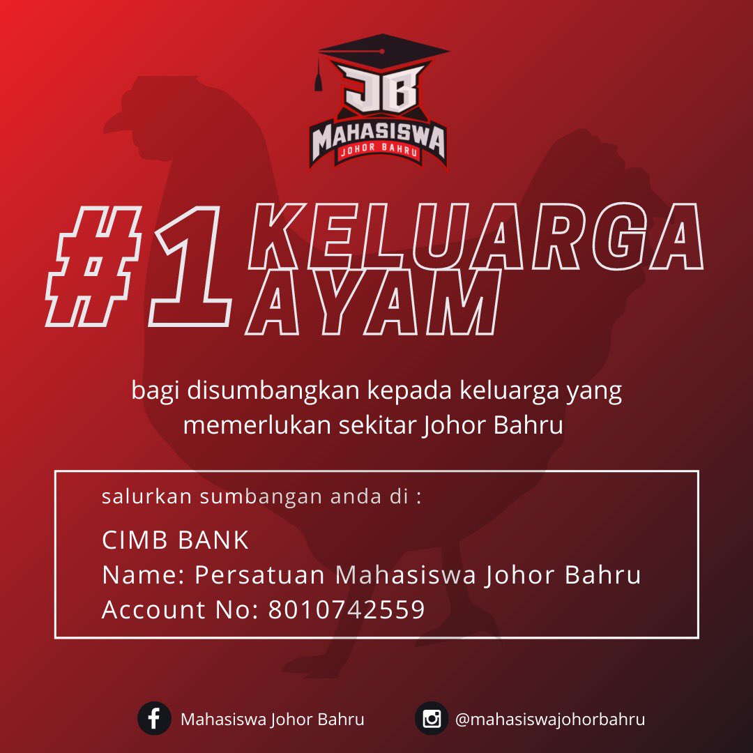 imnirfnyhya's tweet image. Sayu hati apabila dengar ada yang dah 2 bulan tak makan ayam.

Jadi, Mahasiswa JB bawakan inisiatif #1Keluarga1Ayam bagi disumbangkan kepada mereka yang memerlukan di JB.

Kami perlukan RM 5.00 untuk 1 keluarga.

Kalau dapat sumbangkan RM 1.00 pun, kami dah bersyukur sangat.