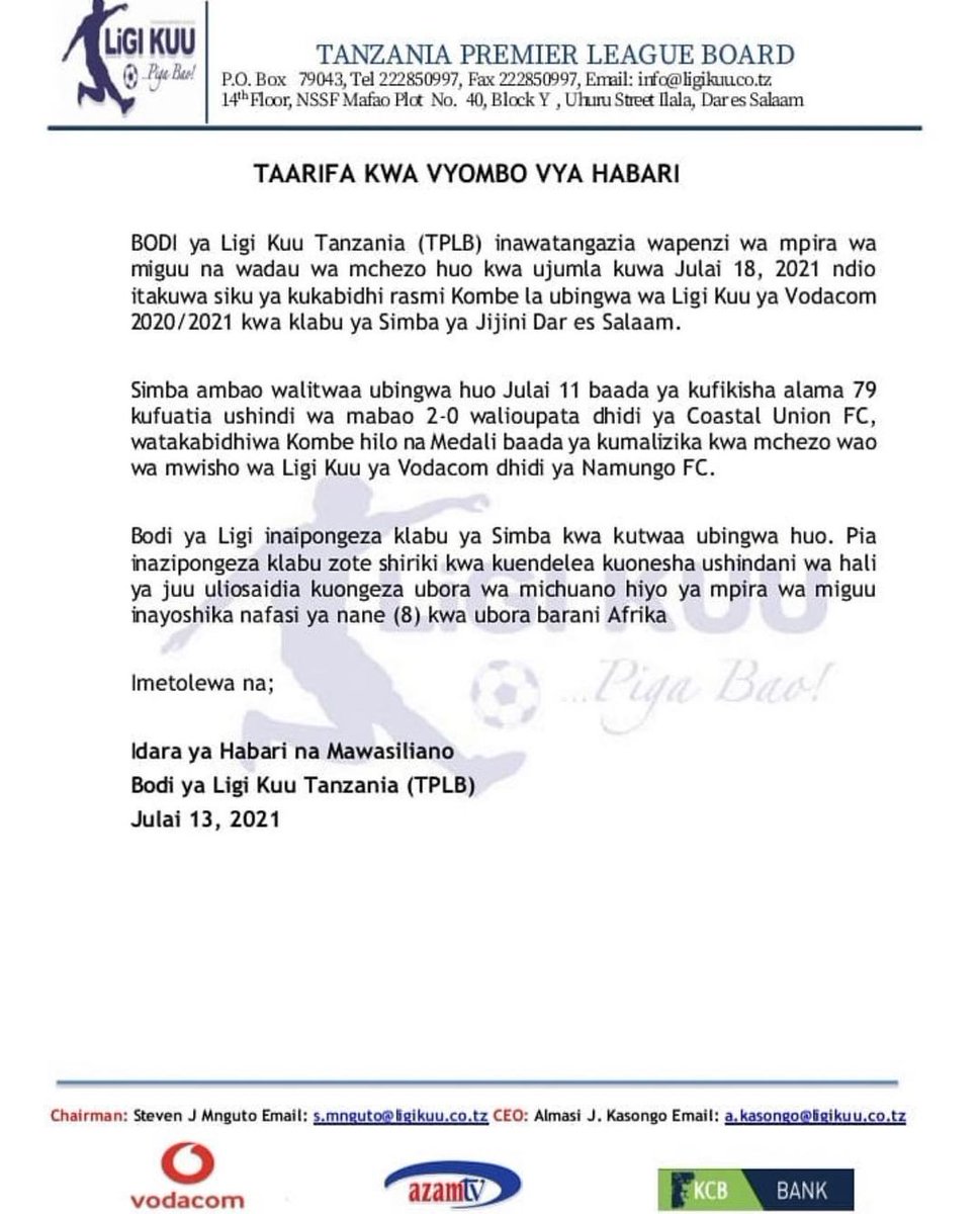 azamtvtz's tweet photo. SIMBA KUKABIDHIWA UBINGWA: Bodi ya Ligi Kuu Tanzania (TPLB) imetangaza rasmi kwamba Simba SC, itakabidhiwa ubingwa wake wa Ligi Kuu Tanzania Bara (VPL) msimu wa 2020/2021, Julai 18, 2021.
#VPL #Ubingwa #LigiKuu #SimbaSC #Simba https://t.co/zPZvhbeyoD
