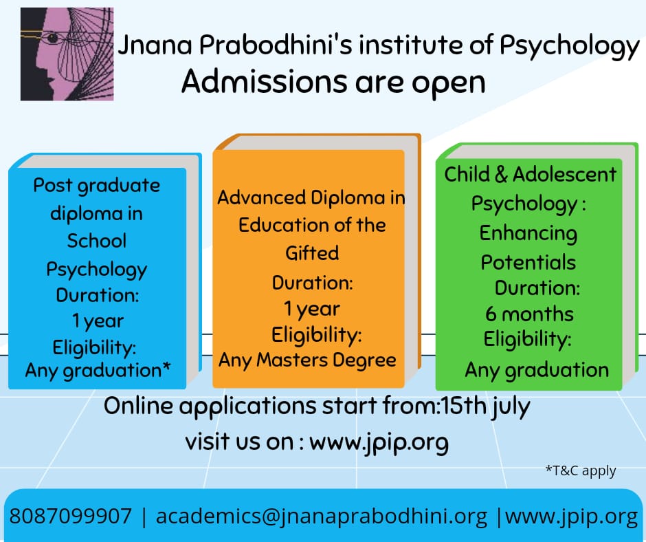 If you are looking for a promising career in psychology field then please have a  look on following courses.
Admissions are open !
Visit our website jpip.org
 #JnanaPrabodhini #Jpip #childandadolscentpsychology
#educationofthegifted
#schoolpsychology 
#education