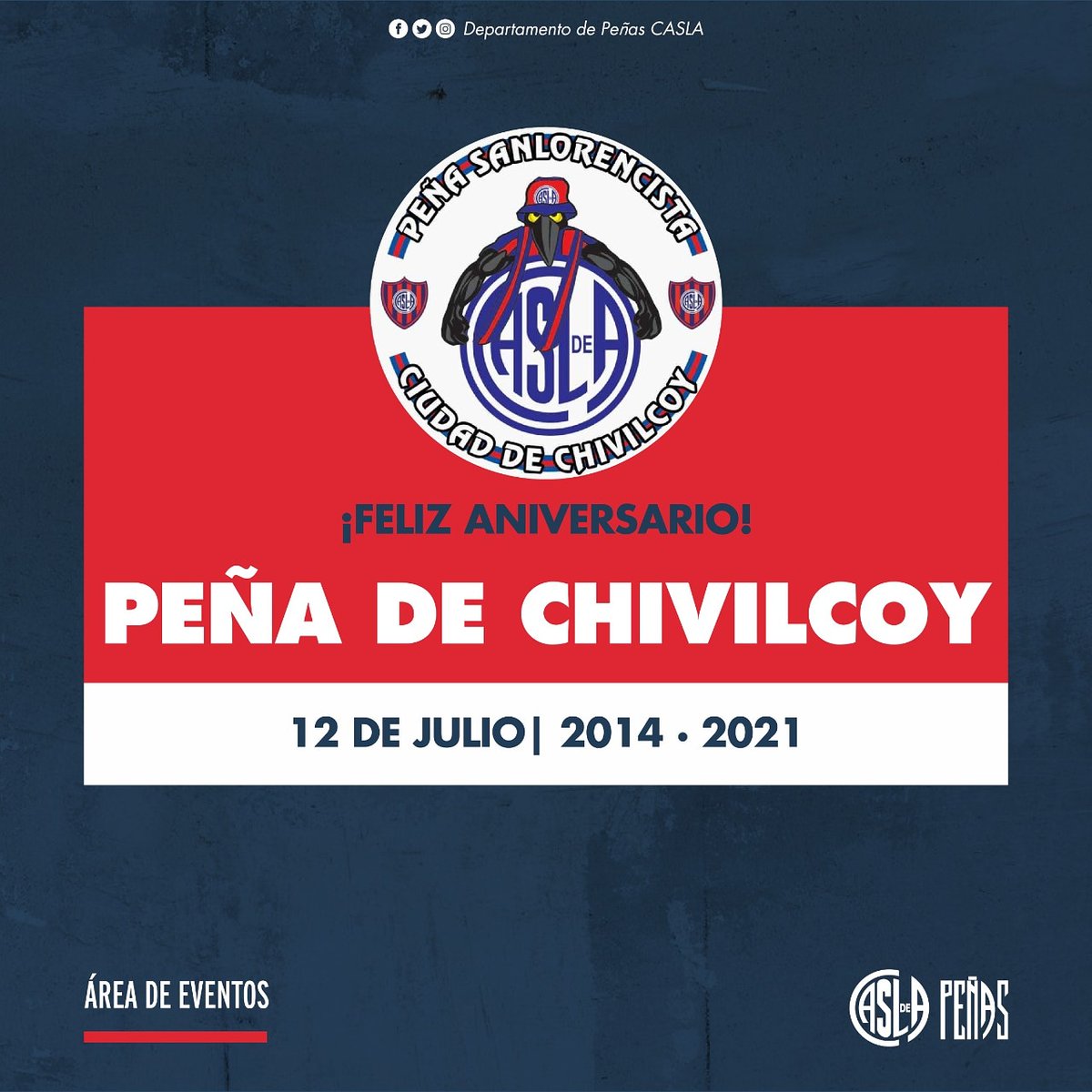 CuervosSm's tweet photo. Desde Cuervos de San Martin queremos saludar y felicitar a la Peña Chivilcoy por su séptimo aniversario. ¡¡Por muchos años más!! 🎉🎉
#MasQue90Minutos ❤💙
#SLFederal 🇦🇷
#DeBoedoAlMundo ✈️🌍
#AreaEvento
@chivilcoycasla
@PeniasCASLA https://t.co/yFEaqVEATY