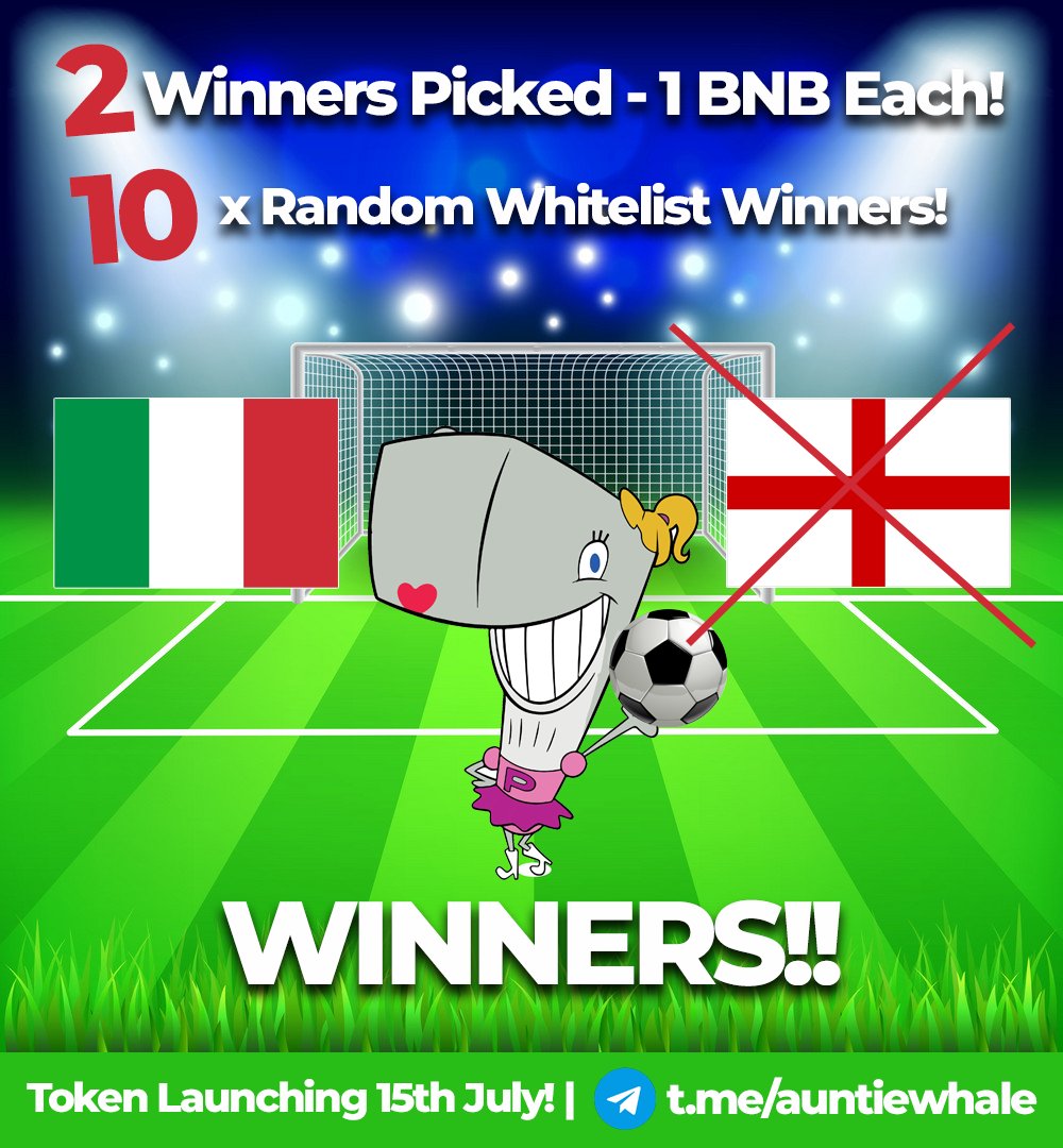 auntiewhale's tweet photo. ⚽ EUROS COMP RESULTS!

🏆 We have just drawn the 10 WL spots + 2 BNB!

https://t.co/ookyqycdf0

If you've won drop us a comment! 

�� Join main Whitelist Comp here:

https://t.co/iAFsHckBNB

Rounds 1 &amp; 2 July 15th! https://t.co/Cz3rNRh6nL