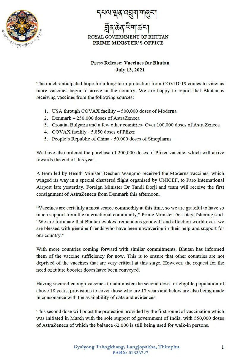 PMBhutan's tweet photo. The much-anticipated hope for a long-term protection from COVID-19 comes to view as more vaccines begin to arrive in the country.

On behalf of His Majesty The King and people of Bhutan, I thank all the countries and agencies for their generous support.

https://t.co/MctJCeje8w https://t.co/xKh8kcSebk