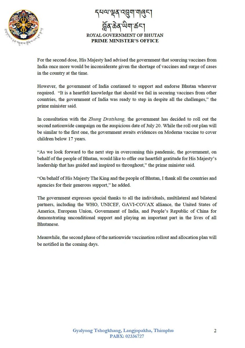 PMBhutan's tweet photo. The much-anticipated hope for a long-term protection from COVID-19 comes to view as more vaccines begin to arrive in the country.

On behalf of His Majesty The King and people of Bhutan, I thank all the countries and agencies for their generous support.

https://t.co/MctJCeje8w https://t.co/xKh8kcSebk