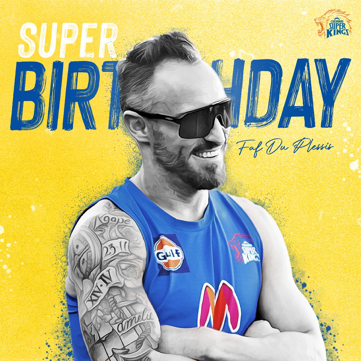 ChennaiIPL's tweet photo. Super Birthday 🥳🎉 to the 🔥ball on the crease and the outfield! 
We DU 💛 you @faf1307!

#SuperBirthday #WhistlePodu #Yellove 🦁 https://t.co/UW4FeKeFsg