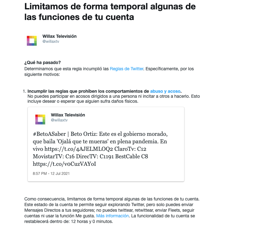 aaronsalomong's tweet image. Twitter ha suspendido a Willax por 12 horas por poner que el gobierno morado bailó 'Ojalá que te mueras'...