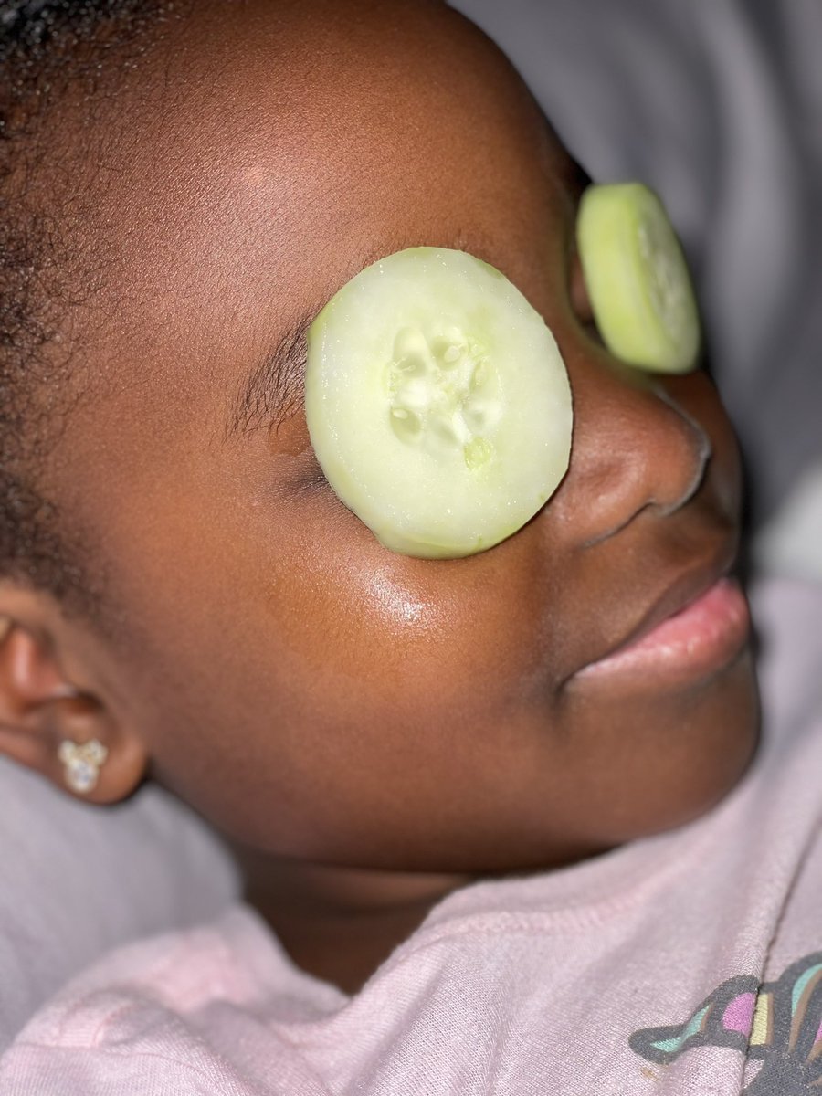 DrChaeEd's tweet photo. My 6-yo is currently lying in my bed with her legs elevated and cucumbers on her eyes. IDK what adulthood is going to look like for her. 😂 https://t.co/g0JpsJ9SEB