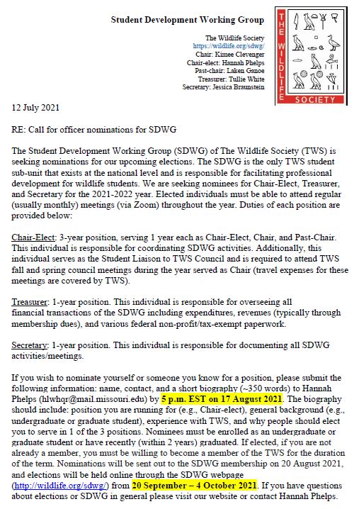 Interested in joining a Working Group that is devoted to student needs? Consider nominating yourself to be an officer for the Student Development Working Group for the 2021-2022 year! Read the attachment below for more details.