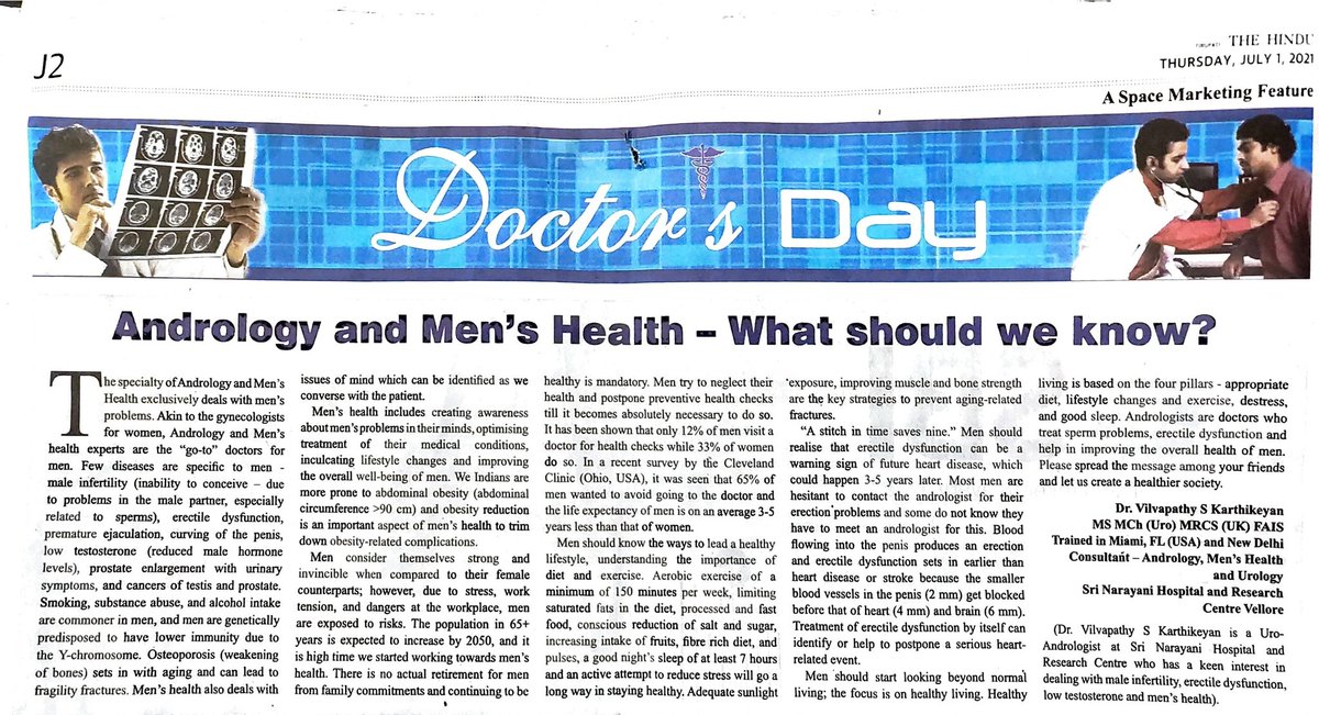 Our newspaper column on #andrology and #MensHealth published in #TheHindu on #DoctorsDay2021 

#maleinfertility
#erectiledysfunction
#lowspermcount
#heartdiseaseawareness
#obesity 
#lifestylediseases
#lowtestosterone
#fertilitydoctor

@urologysnhrc