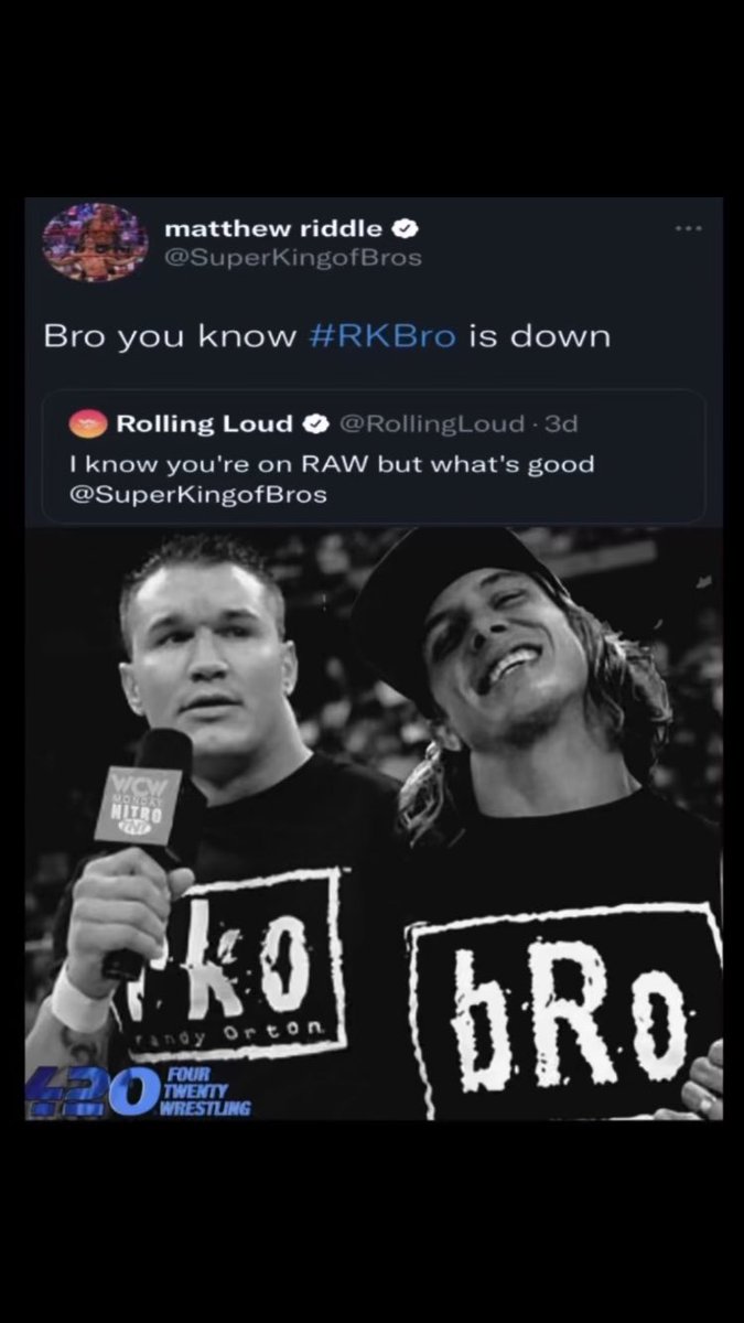 420Wrestling_'s tweet photo. RkoBro at Rolling Loud 🔥
#rkbro #randyorton #riddle #matthewriddle #rko #legendkiller #twitter #rollingloud #wwerollingloud #wwe #wweraw #wwesmackdown #wrestling #prowrestling #420wrestling https://t.co/iImoWteNTh