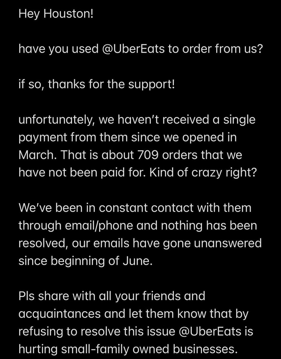 We are now going on 5 months of <a href="/UberEats/">Uber Eats</a> not paying us, that is 709 orders that we have not been paid for. 
They have ignored our countless emails and phone calls with their customer service department are useless. 
<a href="/UberEats/">Uber Eats</a> is a scam.
PLEASE SHARE 😊🙏