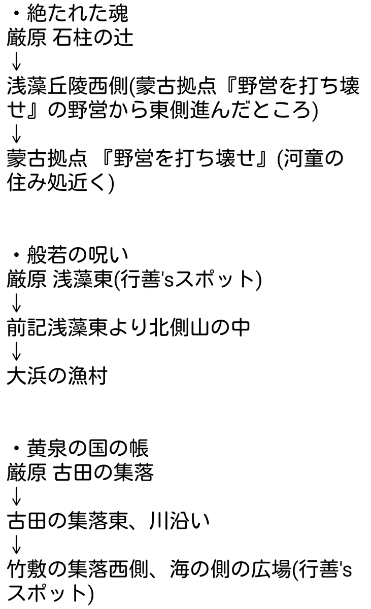 sawarao's tweet photo. やったー！冥人奇譚での各ステージの元になったツシマ本編の場所一覧が出来たよー！
いよたん？誰か誘ってください！！ https://t.co/H1yroGmOF7