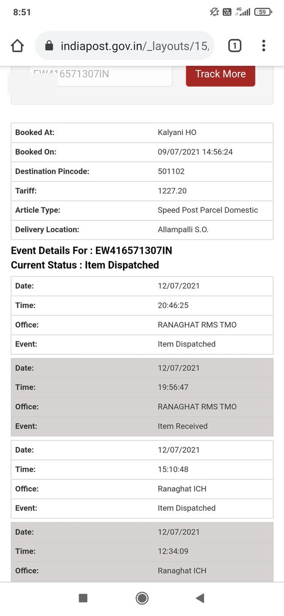debgupta's tweet photo. Condition of our speed post. After 3 days of travel a product which was to be delivered at Hyderabad is still in that zone of origin. What shame. See the amount charged for emergency services. #indiapostoffice @IndiaPostOffice #postalseva @PMOIndia https://t.co/rJHqY3mutT
