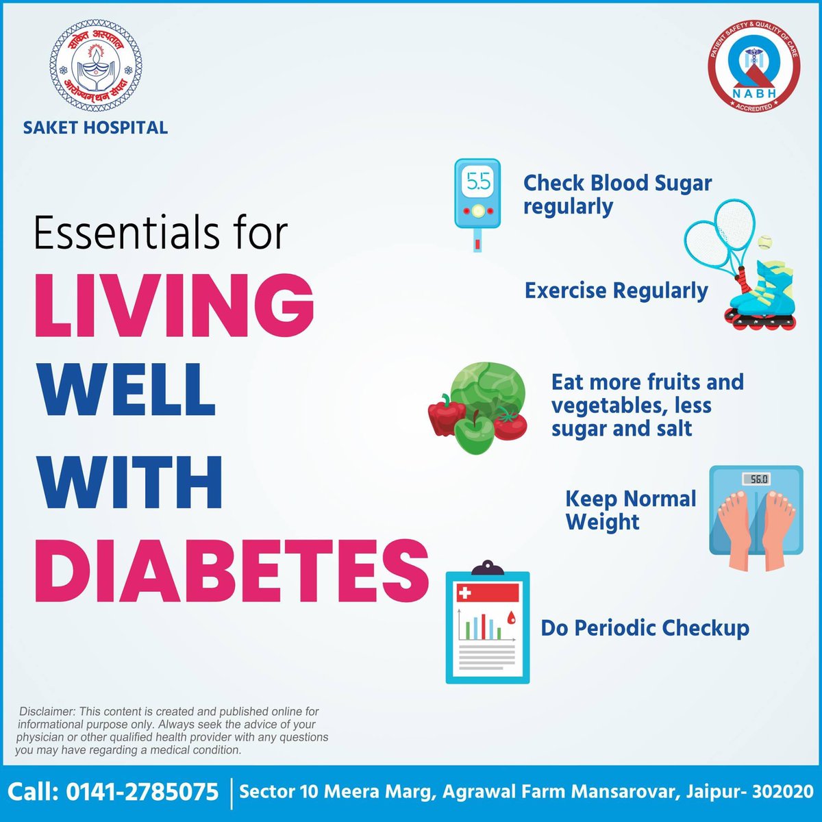 Diabetes is a silent killer, hence, its is imperative to maintain strict routine to control it. Saket Hospital as part of its awareness initiative urges you to follow simple steps illustrated below for better diabetes management and control. 
#SaketHospital