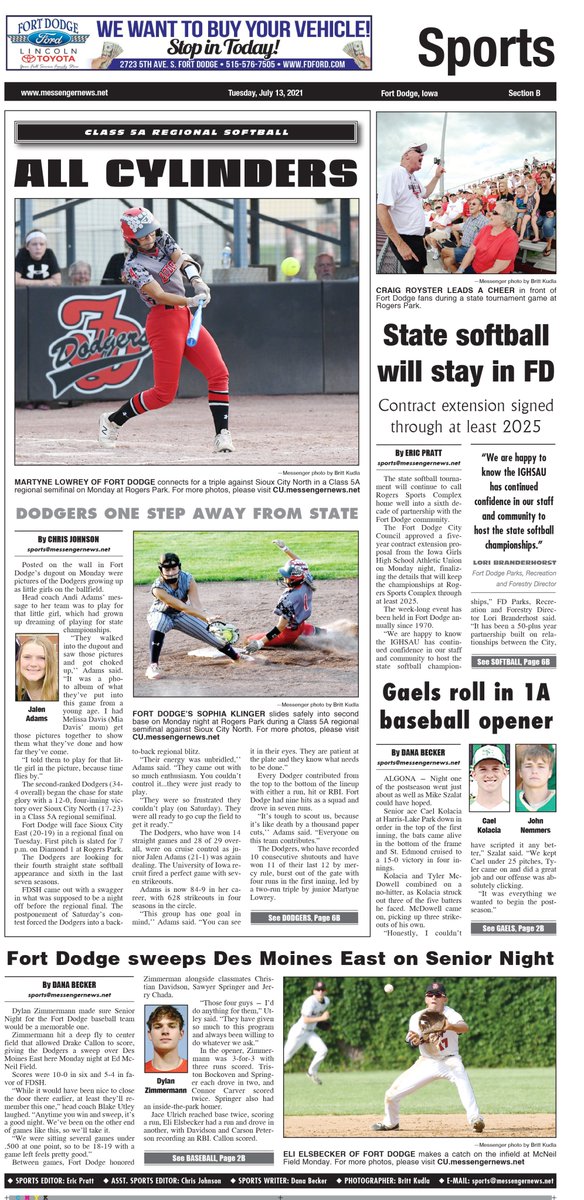 A first glance at Tuesday's Messenger sports. The Fort Dodge softball team and St. Edmond baseball squad both advance in their postseason openers (by <a href="/DanaBecker/">Dana Becker</a>). State softball is secured for at least another 5 years in Fort Dodge. Dodger baseball team sweeps on Senior Night.