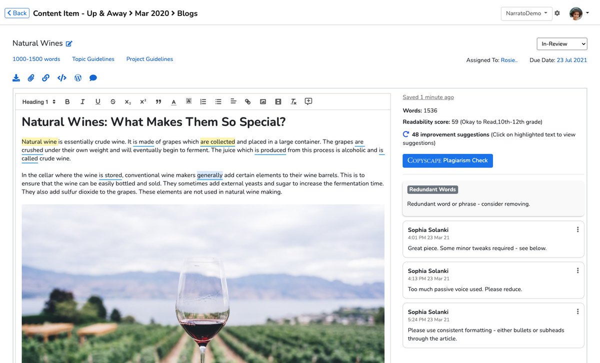 Content creation and collaboration platform - Narrato Workspace's content editor
