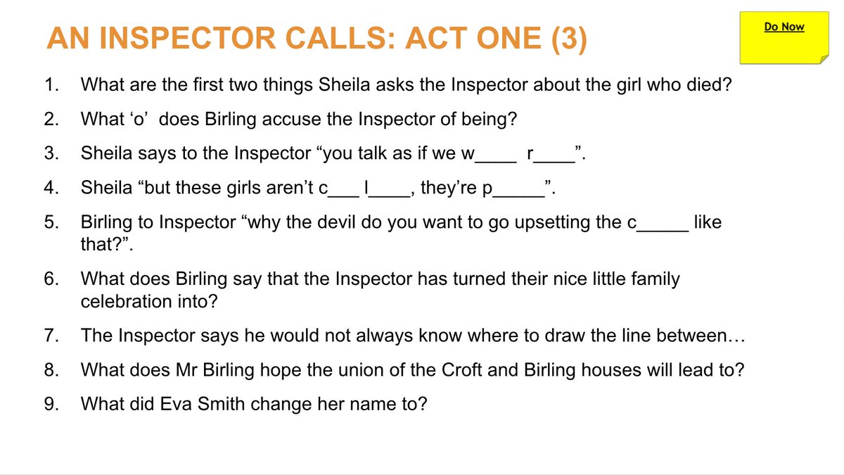 hanthethinks's tweet photo. Some 'An Inspector Calls' revision resources. Qs on slides (answers in notes section) and printables for student books. I use these a lot and they seem to go down well. Forgive the Google Slide to PPT conversion glitches. https://t.co/UFBtkz477i https://t.co/bc4FonqeJ8