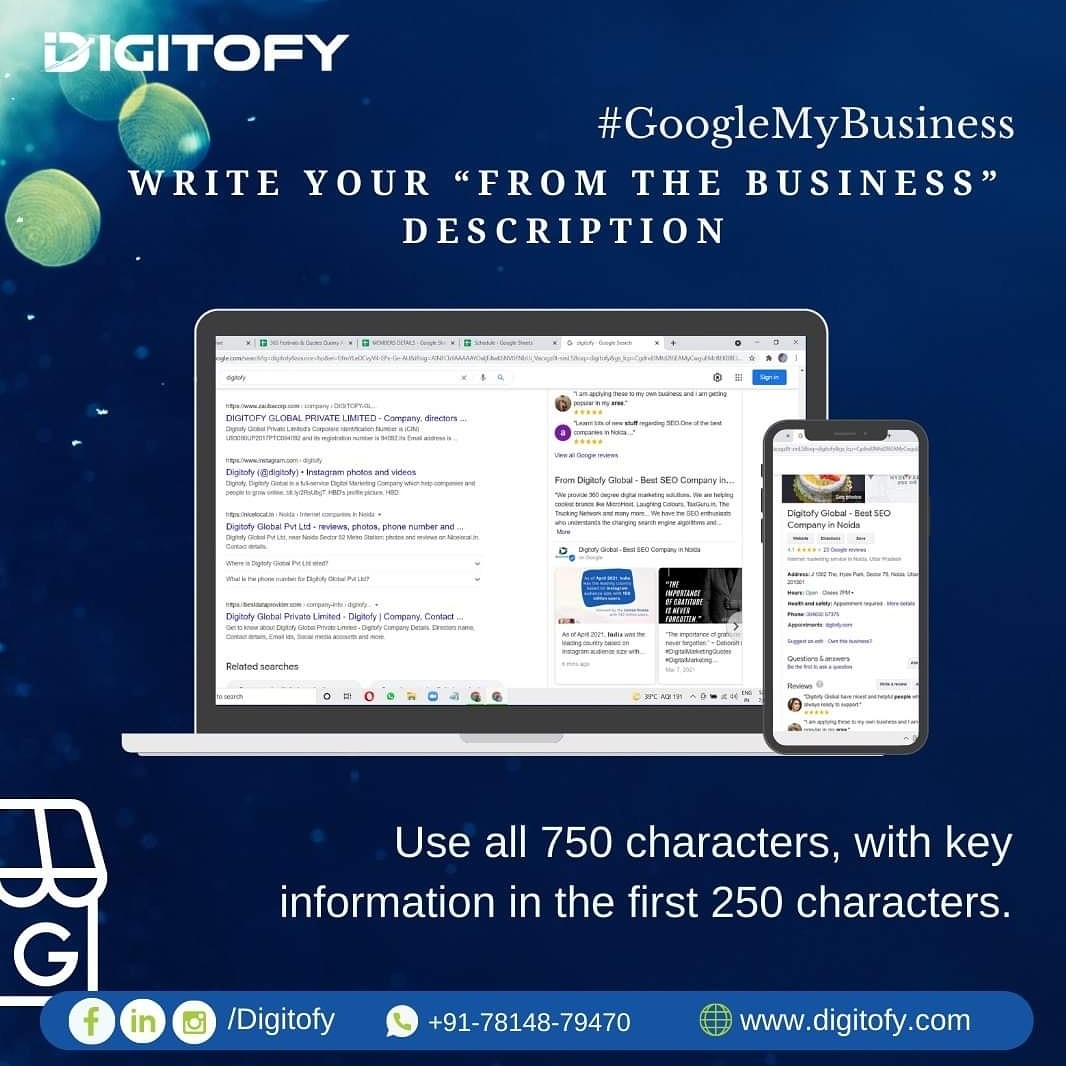 #GoogleMyBusiness  

Write your “𝐟𝐫𝐨𝐦 𝐭𝐡𝐞 𝐛𝐮𝐬𝐢𝐧𝐞𝐬𝐬” 𝐃𝐞𝐬𝐜𝐫𝐢𝐩𝐭𝐢𝐨𝐧

Use all 750 characters, with key information in the first 250 characters.

#Digitofy #DigitalMarketing #DigitalMarketingTip #GoogleMarketing #Business #StartBusinessOnline #BusinessOnline