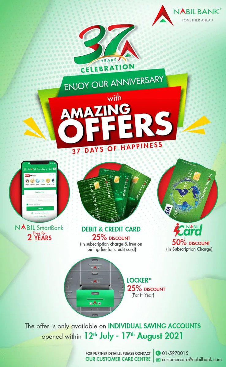 We are celebrating our 37th Anniversary. Come be part of our celebration with 37 Days of Happiness.

Enjoy amazing discount offers on iCard, SmartBank, Locker &amp; Debit/Credit cards.

#NabilBank #37thAnniversary #AnniversaryCelebration