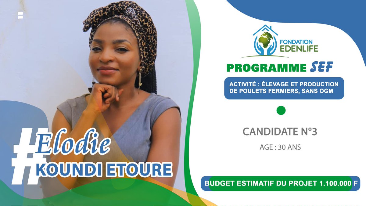 [🟢 PROGRAMME SEF : LAURÉATE N°3]
Faire de l'élevage un important levier du développement de notre pays, telle est l'ambition de mlle KOUNDI ETOURE ELODIE. 
Soutenez son projet de production de poulets 🐔 fermiers, en devenant parrain ou marraine. 
<a href="/Sylviabongo/">Sylvia Bongo Ondimba</a> @PriscaNlendK