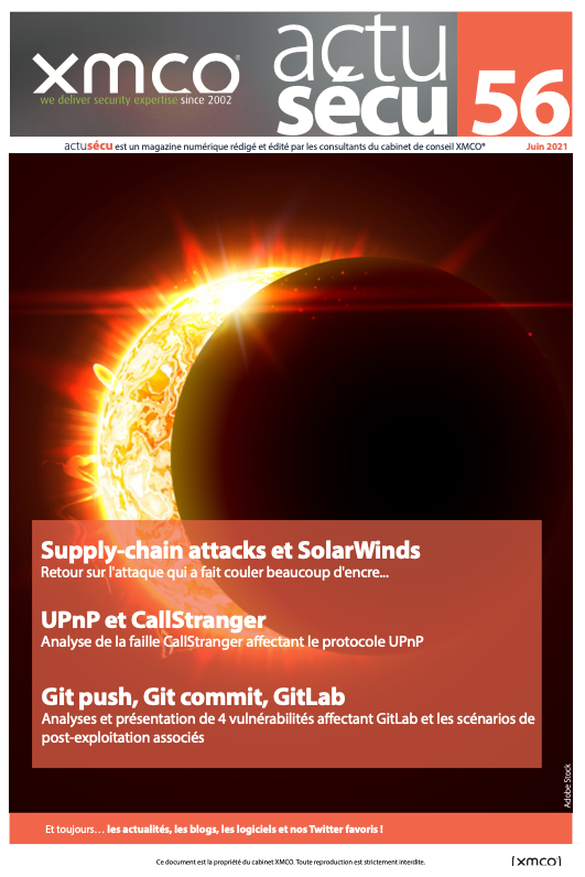 CERTXMCO's tweet photo. L’ #ActuSécu #56 est disponible! https://t.co/T2aqPqHsVH
Au programme:
- ☀️#SolarWinds: attaque #supplychain 🏭 et analyse de #SUNBURST 🦠
- 💾 #UPnP et #CallStranger
- ⚙️ Vulnérabilités: #GitLab et #postexploit
- Et enfin, nos brèves 🗞, mots croisés 📰 et Twitter favoris ! https://t.co/EAONKCqWhj
