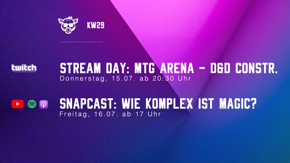 NacktundRosa's tweet photo. Unsere Woche:
Donnerstag liefern wir euch Content kurz vor dem Release des neuen Sets!
Und am Freitag erklären wir euch in unserem #Snapcast, warum Magic das komplexeste Spiel nach algorithmischer #Spieltheorie ist und warum ihr stets einen eigenen PC programmiert wenn ihr spielt https://t.co/HTDaL0q6At