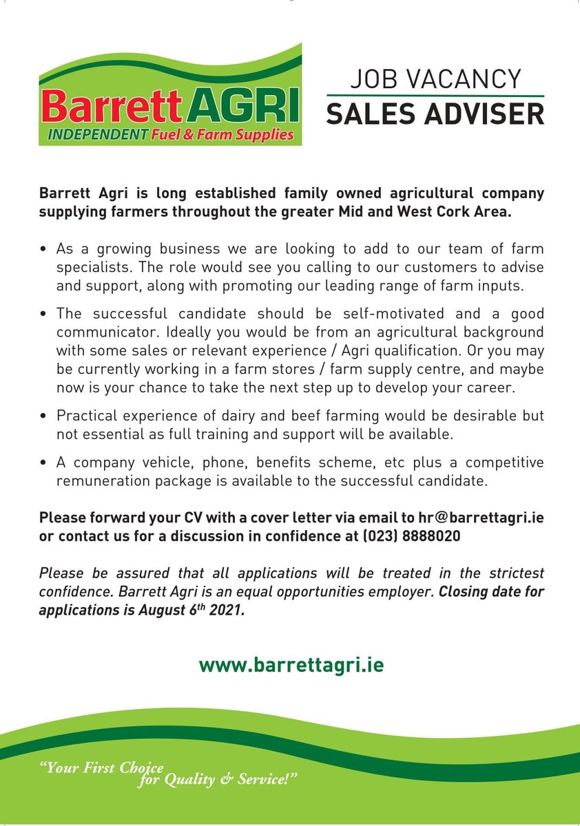 📌 Situation Vacant 📌
        Sales Advisor

As a growing business we are looking to add to our team of farm specialists. The role would see you calling to our customers to advise and support, along with promoting our leading range of farm inputs.

📌 Closing date 6/8/2021