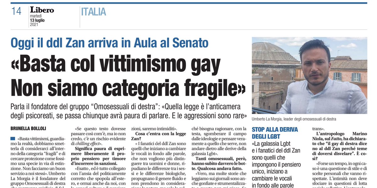 UmbertoLM's tweet photo. 🗞#LaMorgia: «I fanatici del ddl Zan sono quelli che iniziano a cambiare le vocali in fondo alle parole, che non vogliono più distinguere tra uomini e donne, ripudiano le differenze biologiche, sono per la fluidità e non prendono in considerazione la natura, ma solo la “cultura”» https://t.co/32SAw1tx1p
