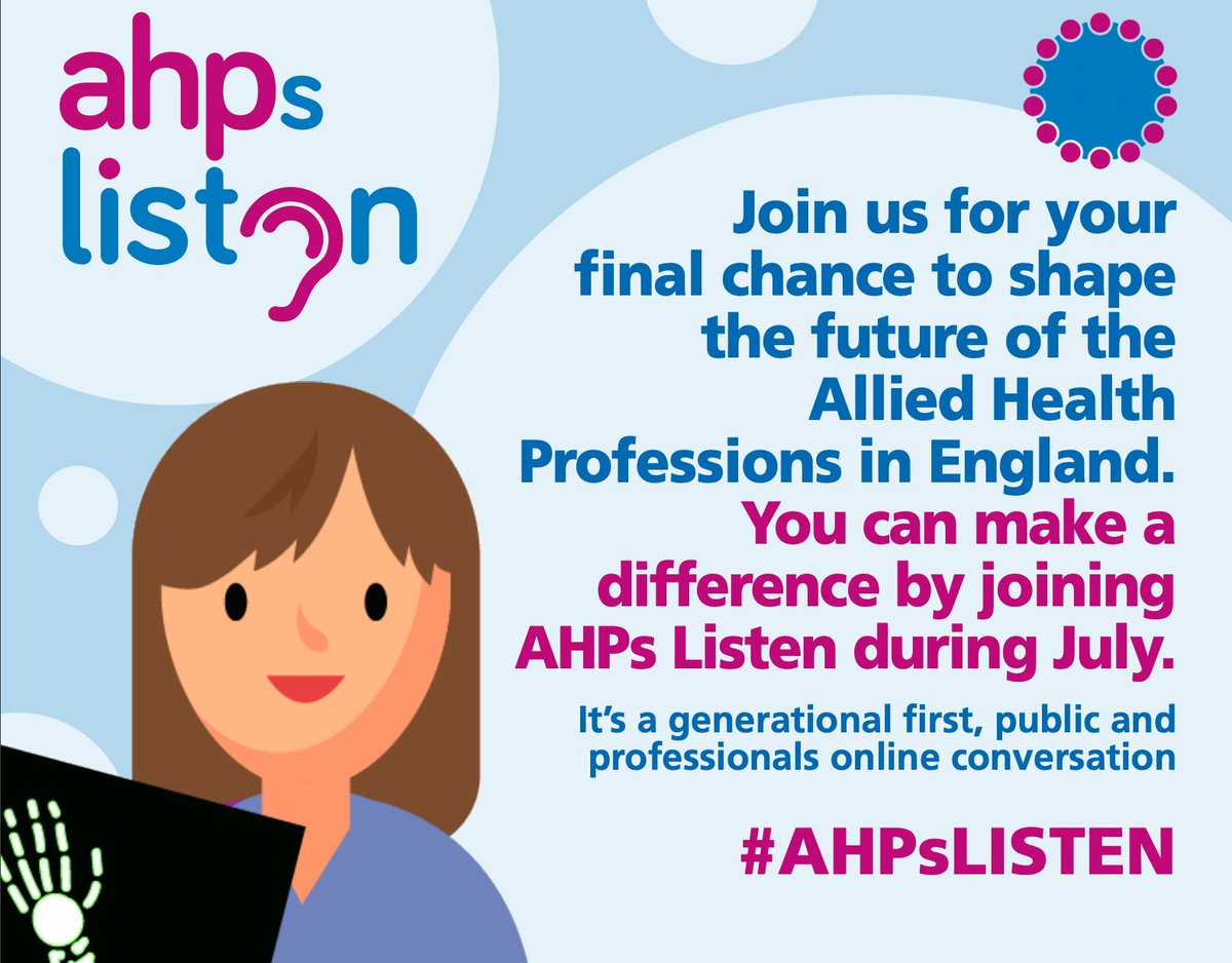 More #radiographers are needed to share their views on the six key strategies proposed for the AHP professions over the next five years. The final crowdsourcing conversation is open until 5pm on 26 July. Have your say at: ahpslisten.org/welcome #AHPsLISTEN