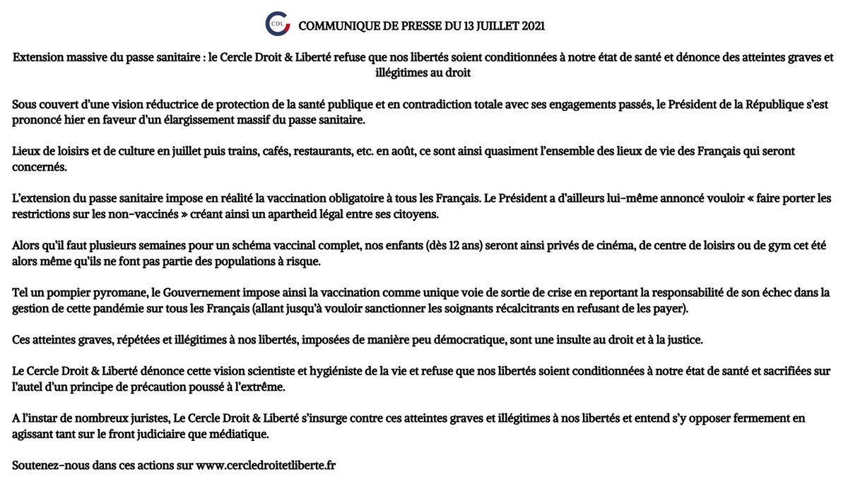 CercleDL's tweet image. Extension massive du passe sanitaire : le @CercleDL refuse que nos libertés soient conditionnées à notre état de santé et dénonce des atteintes graves et illégitimes au droit.