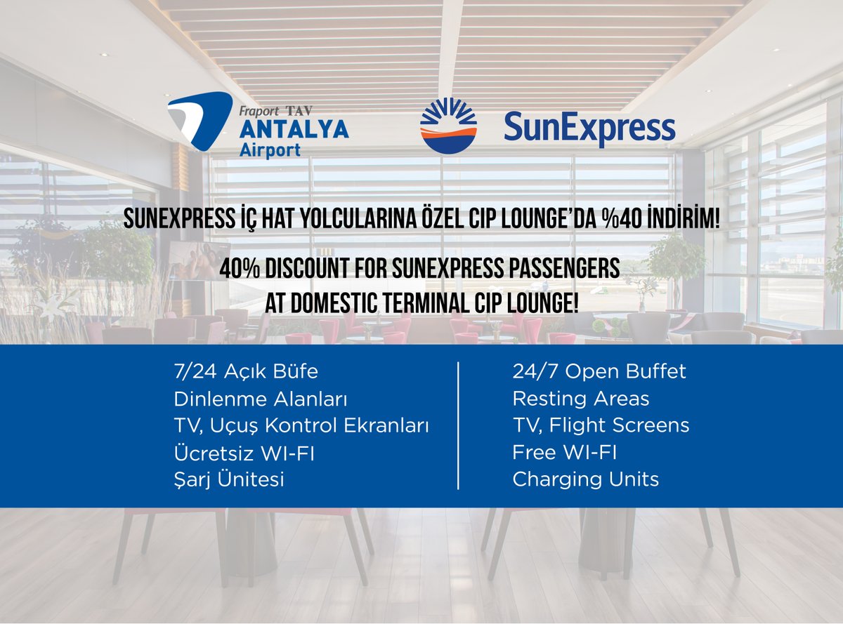 antalya_airport's tweet photo. Feel privileged with our new campaign!
Passengers preferring SunExpress on their flights from Antalya are entitled to a 40% discount at our Domestic CIP Lounge.
#FraportTAVAntalyaAirport #AntalyaAirport #Antalya #Airport #SunExpress #IFlySunExpress #CIPLounge https://t.co/di17beontq