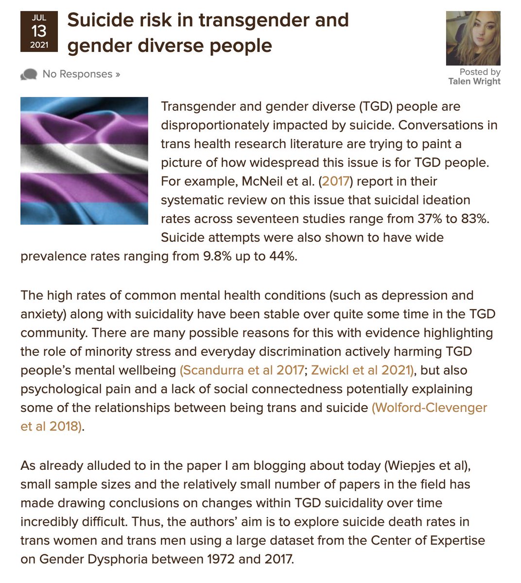 Mental_Elf's tweet photo. Today @WrightTalen explores trends in suicide death risk among transgender people by drawing on findings from the Amsterdam Cohort of Gender Dysphoria Study https://t.co/EC4797Iibj https://t.co/VEsUnXMOii