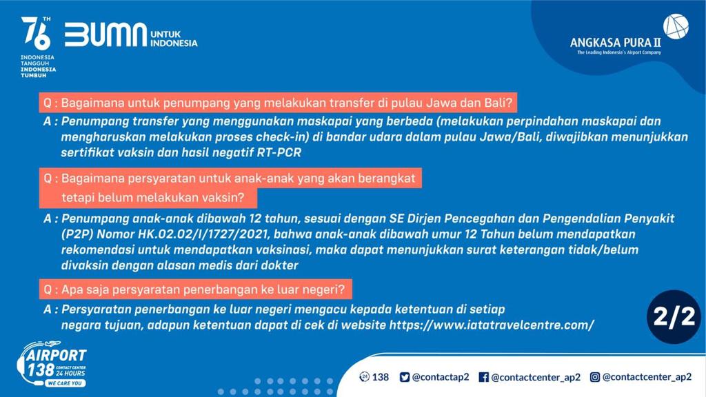 Halo, #AP2friends!
Apakah ada diantara kamu yg akan melakukan perjalanan udara di masa PPKM Darurat?

Kalau kemarin #SiSi udh share persyaratan penerbangan di masa PPKM Darurat, kali ini #SiSi mau share FAQnya 🧐

Yuk merapat dan pantengin infografis ini ya! 🙌

#ContactCenter138