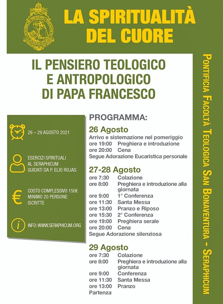 Seraphicum's tweet photo. #NOVITÀ... ESERCIZI SPIRITUALI:
"La spiritualità del cuore. Il pensiero teologico e antropologico di papa Francesco", dal 26 al 29 agosto. https://t.co/gAPw7JUN0c