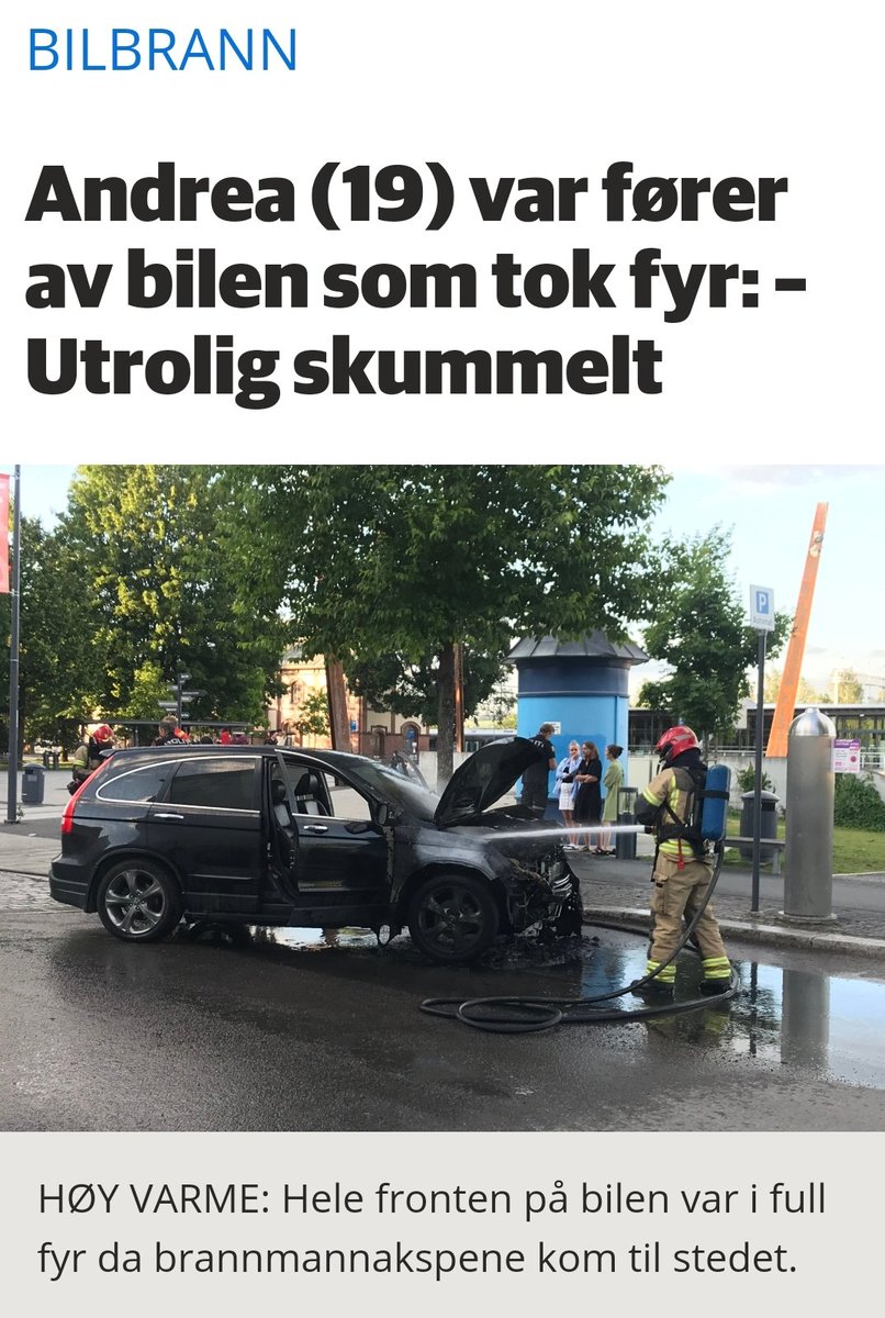 ENDA en fossilbil i brann. Heldigvis gikk ikke liv tapt denne gang. Fremtiden er heldigvis elektrisk.