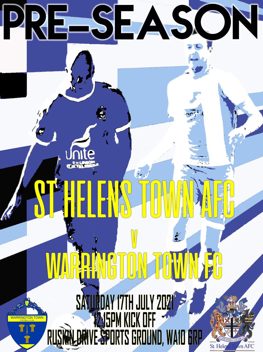 St Helens Town AFC (@sthelenstownfc) on Twitter photo This weekend we play an earlier kick off v <a href="/NorthernPremLge/">The Pitching In Northern Premier League</a> side Warrington Town <a href="/theyellows/">Warrington Town FC</a>
Another tough game against higher opposition for the team as they look to prepare for the season.
Tickets on sale now
skiddle.com/e/35829683 This weekend we play an earlier kick off v <a href="/NorthernPremLge/">The Pitching In Northern Premier League</a> side Warrington Town <a href="/theyellows/">Warrington Town FC</a>
Another tough game against higher opposition for the team as they look to prepare for the season.
Tickets on sale now
skiddle.com/e/35829683