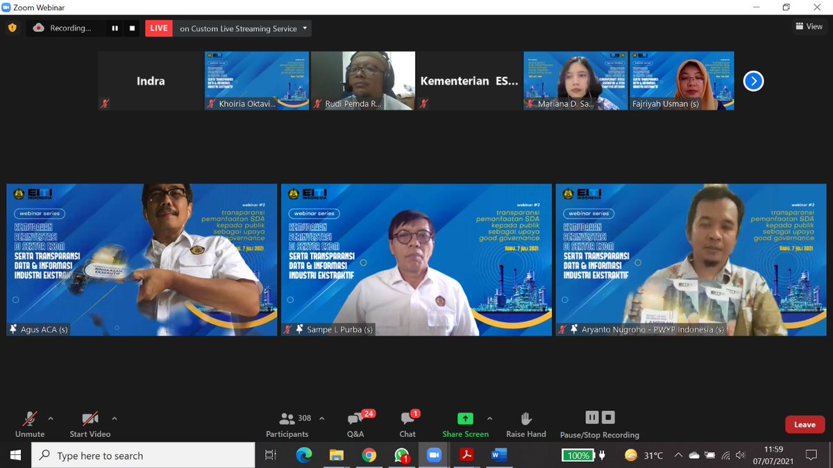 Pelaksanaan Webinar EITI dengan tema "Transparansi Pemanfaatan Sumber Daya Alam kepada Publik sebagai Upaya Good Governance" pada 7 Juli 2021 dihadiri 800 peserta dari berbagai kalangan. Gabung yuk webinar kami selanjutnya..