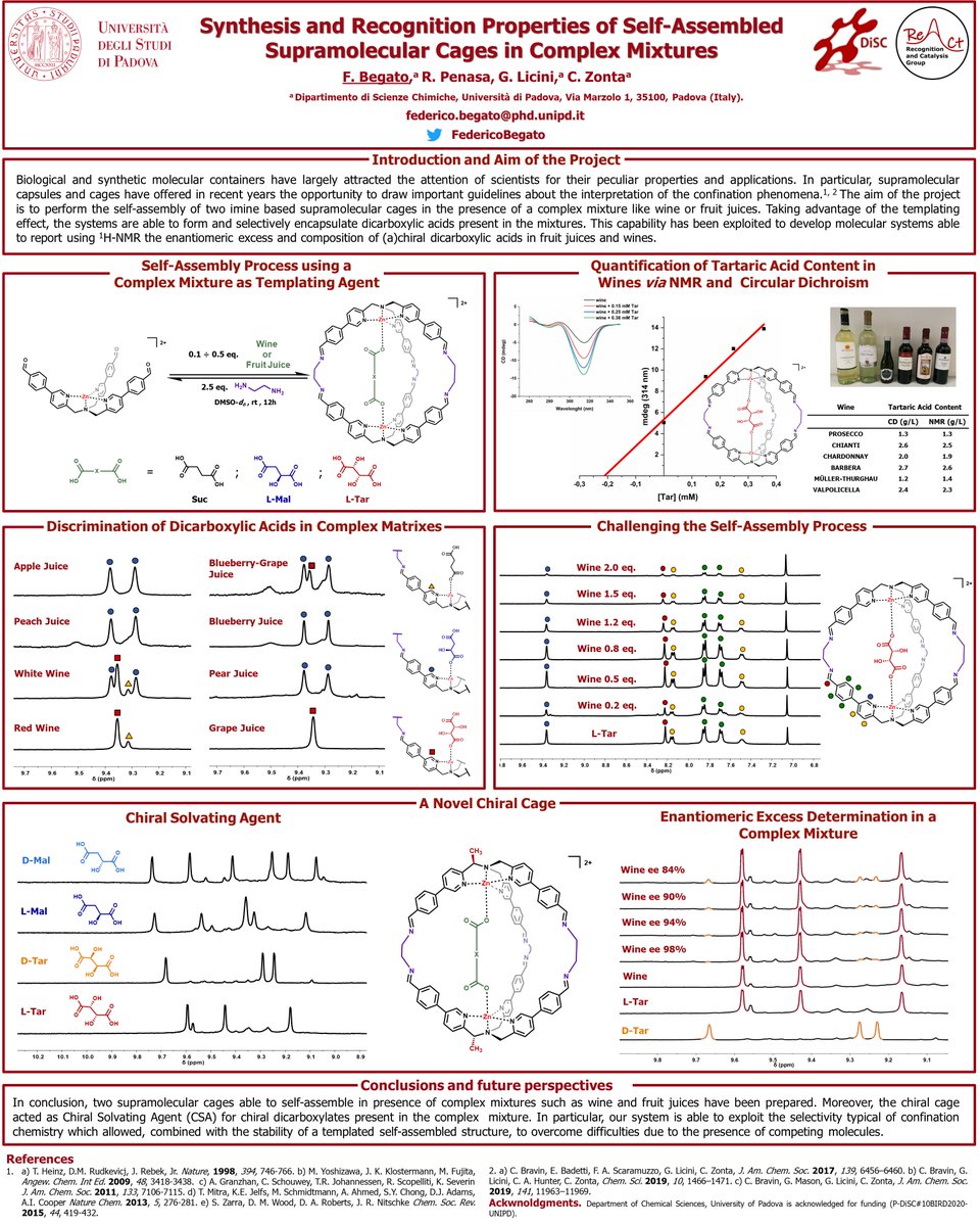 Really excited to share our research on #supramolecolar #cages able to self-assemble taking the templating agent directly from complex mixtures like wines and fruit juices. With <a href="/RobertoPenasa/">Roberto Penasa</a> <a href="/GiuliaLicini1/">Giulia Licini</a> <a href="/ZontaCristiano/">Cristiano Zonta</a> @DiSC_UniPD ; @ISMSC2021 #ISMSCPoster #poster74