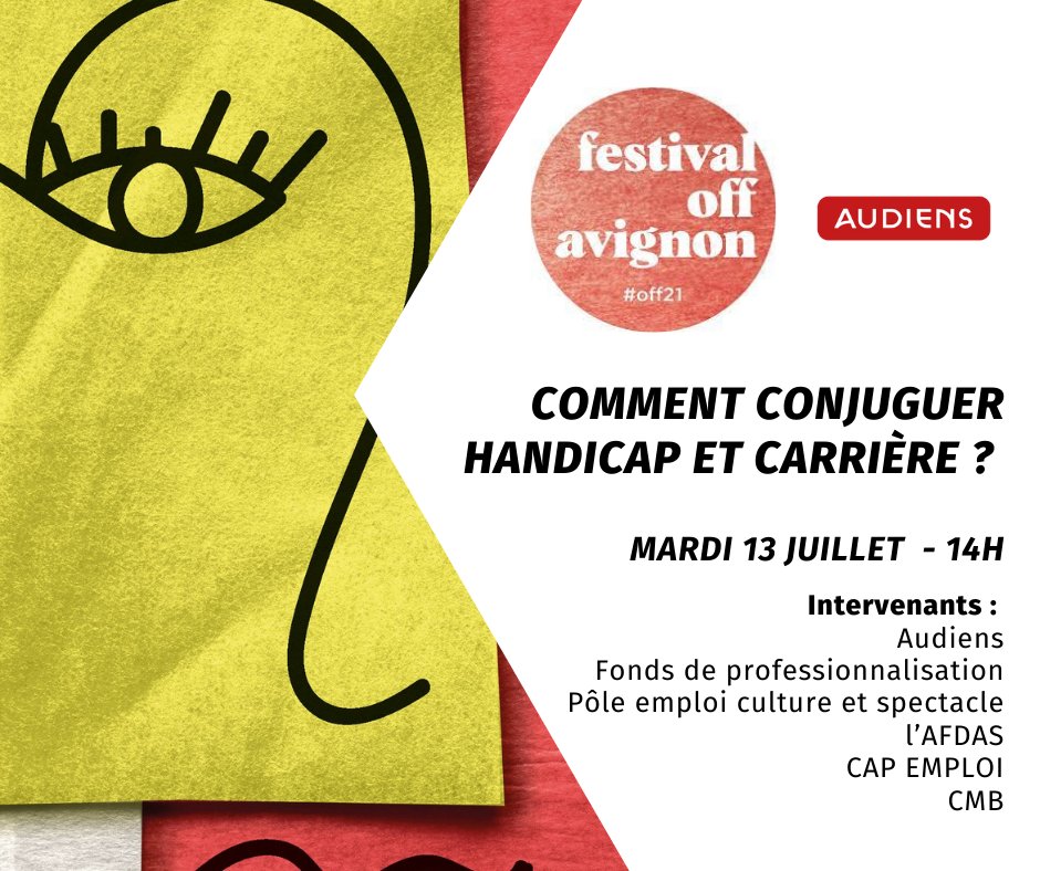 GroupeAudiens's tweet image. [Avignon OFF 📆]
Comment conjuguer handicap et carrière ?
👇
Rendez-vous à 14h au Village du Off pour suivre cet atelier animé par Audiens aux côtés du Fonds de professionnalisation, Pôle emploi culture et spectacle, l’@Afdas, @Capemploi_ et le @CmbSante. 
@FestOFFAvignon #OFF21