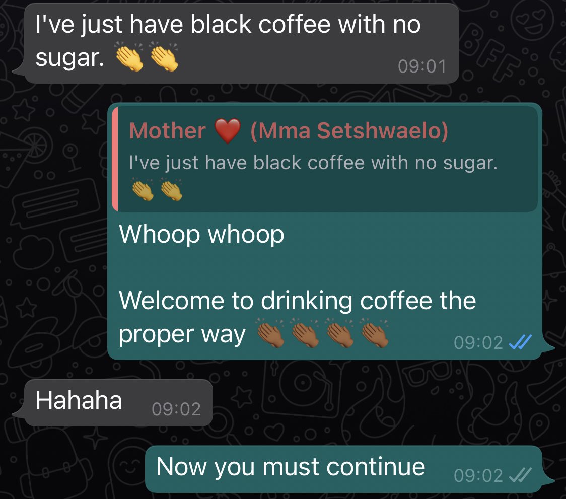 ke_nna_tshiamo's tweet photo. @MohauSam mother has been influenced. She has dramatically cut down on sugar because I keep going on about it. Coffee was the hardest cause it’s bitter but she has done it. #teamNoSugar https://t.co/JA6r8JE6pN