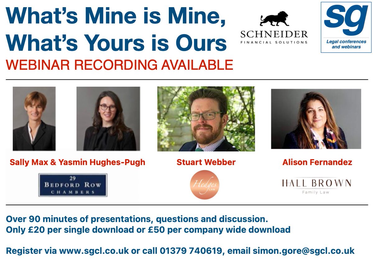 Still got the "blues" from Sunday? Here's the perfect tonic for #familylawyers - have a listen to last week's webinar recording with Sally Max Yasmin Hughes-Pugh Stuart Webber and Alison Fernandes.
#familylaw #divorce #assets #Sharing 

Bookings via sgcl.co.uk/sg/needsandsha…