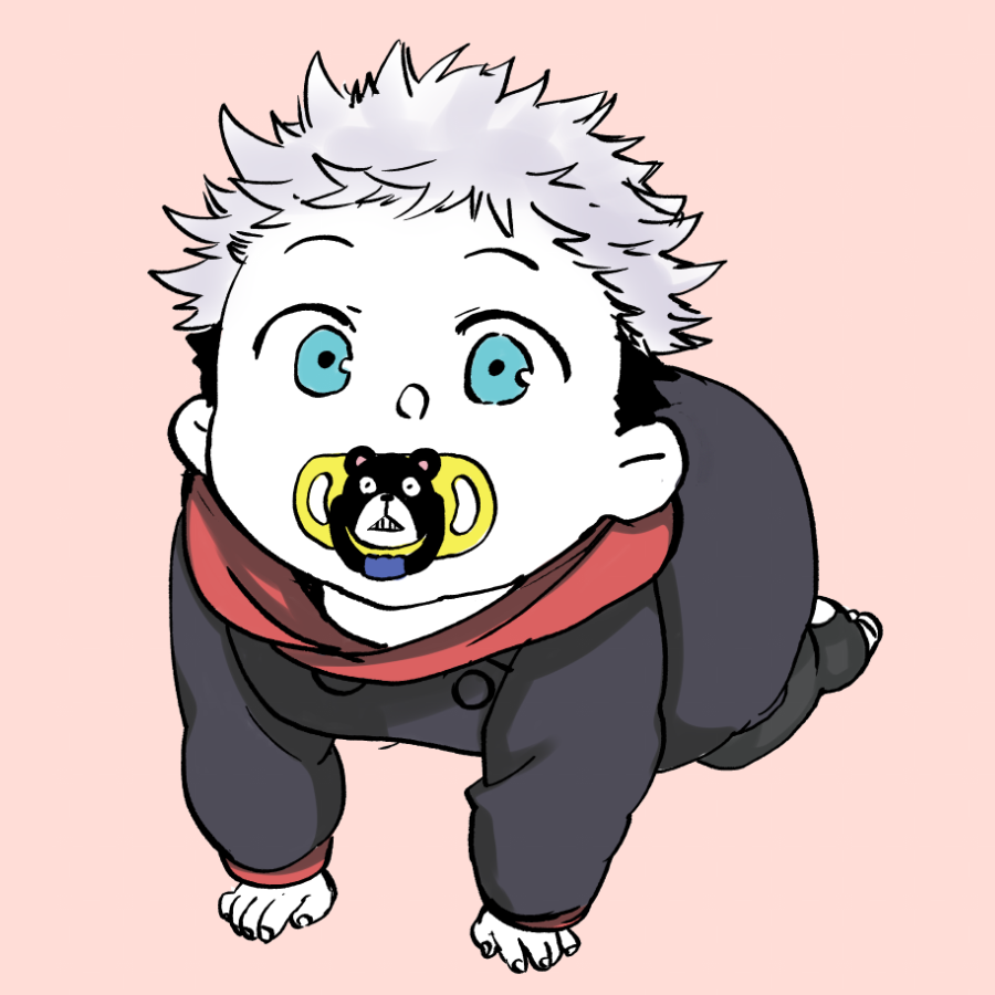 itadori yuuji pacifier 1boy male focus solo baby bib all fours  illustration images